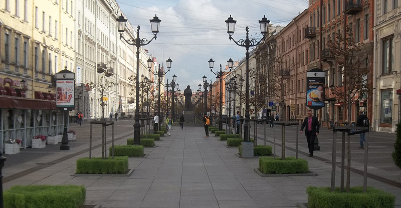 A view of Malaya Konyushennaya Street, a pleasant pedestrian way located off Nevsky Prospekt.