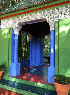 One of the buildings, accented in bright blue and green, in Marrakesh’s Majorelle Jardin.
