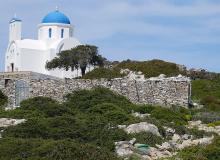 Blue-domed church seen on the way to Ancient Arkesini, on the island of Amorgos.