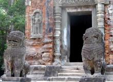 Lions guarding one of the six temples at the Preah Ko complex.