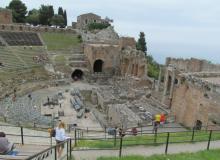 View of the skene, orchestra and cavea in the Greek Theater in Taormina, Sicily. Photos by Julie Skurdenis