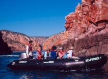 A Zodiac inflatable boat at the headwater of the Horizontal Falls.