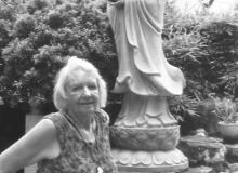 Jane O’Brien and the statue of Lady Linshui at Lady Linshui Temple in Tainan, Taiwan.