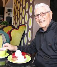 Ray Bahde with <i>Himbeerkuchen</i> at <i>Café Stephan’s Dom</i> — Passau. Photos by Wanda Bahde