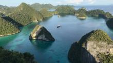 The <i>Shakti</i> in a lagoon in Raja Ampat. Photo by Donna DeGaetani