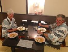 Anne and Simon Lowings enjoying dinner at a ryokan in Japan.