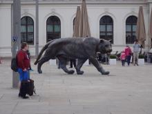 Bronze tiger in front of the old Oslo Central train station