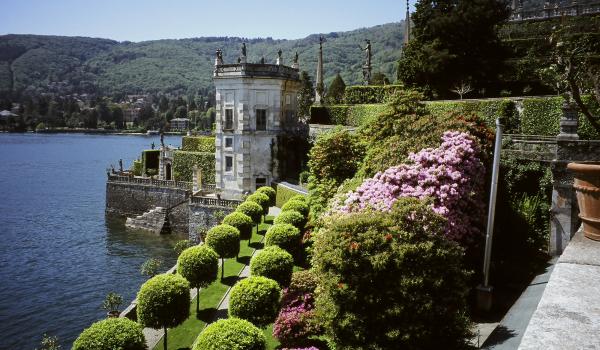 The formal gardens of Borromeo Palace overlook the lakeshore near Stresa.