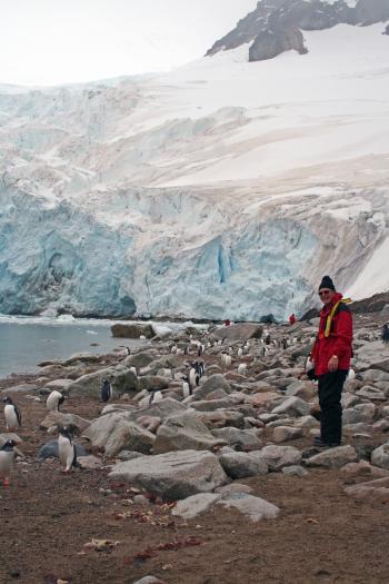 Ray Bahde walking among curious penguins in Neko Harbour, Antarctica.