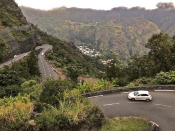 A curvy road down into the Cirque de Cilaos — Réunion.