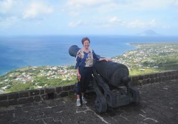 Carol Probst at the Brimstone Hill Fortress, overlooking St. Kitts.