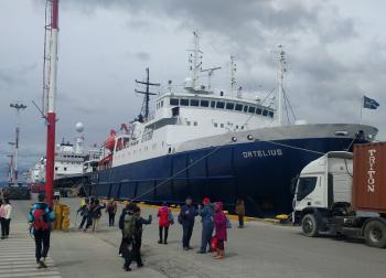 My ship, the M/V Ortelius, docked in Ushuaia.