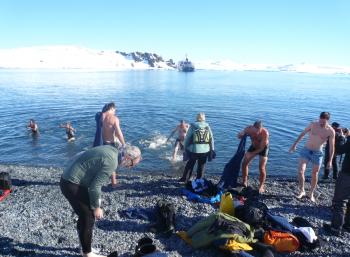 Idiots, including me (center, approaching shore), immediately regretting their polar plunge. Photo by Michaela