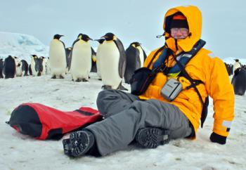 Larry Flinner and friends at Snow Hill Island, Antarctica.