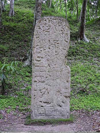 A stele in the Mayan archaeological site of Yaxha — Guatemala.