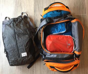 Packed ultralight backpack by Matador and Cargo Hauler duffel by Eagle Creek.