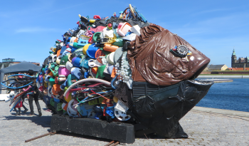 Large recycled plastic fish sculpture in Helsingor situated infront