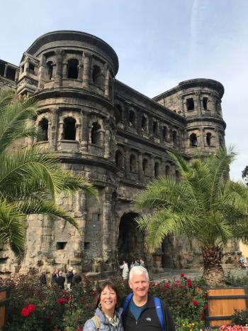 Marlene Lomas and partner, Mike Darling, in front of the Porta Nigra in Trier, Germany.