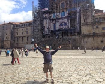 Don Horel's arrival at the Cathedral of Santiago de Compostela, Spain, the end of the pilgrimage.