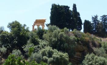 Ruins of the Temple of Dioscuri beckon through Mediterranean maquis in Kolymbetra — Sicily.