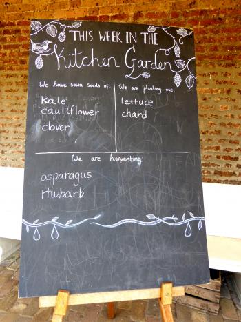 A signboard lets visitors know what's being planted or harvested in the Kitchen Garden — Hampton Court Palace, Surrey, England.