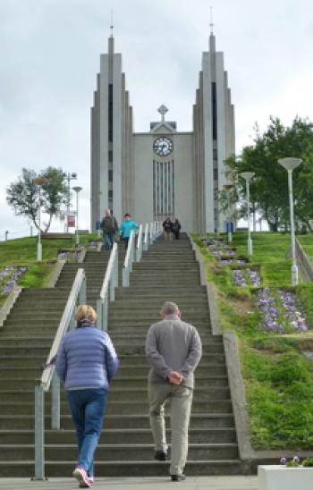 The Akureyrarkirkja, or Church of Aukreyri, overlooks the city. Photo by Randy Keck