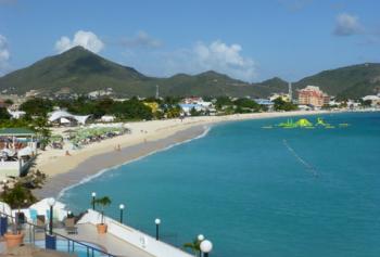 View of the Great Bay beach and Philipsburg from Miramar Ocean View room No. 460 at Sonesta Great Bay Beach Resort — St. Maarten. Photo by Randy Keck