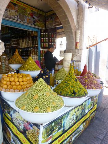 Artful displays of olives and other produce can be found in souks throughout Morocco. Photo by Randy Keck