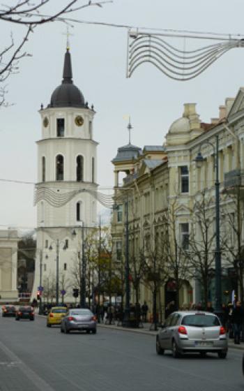 The Cathedral Belfry as seen from the street Gedimino Prospektas in Vilnius, Lithuania.