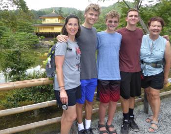 Patti Kelly (right) with (from left) daughter-in-law Diana Gottfried and grandsons John Carlson (16), Ben Carlson (14) and Sam Carlson (17) at the Golden Pavilion in Kyoto, Japan, in July 2019. 