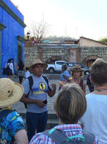 Raul, the free-walking-tour guide, in front of the Xochimilco Aqueduct. 