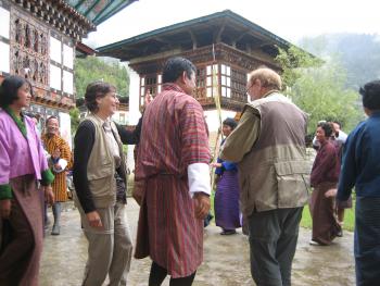 Nili (left center) and Jerry (right center) dancing at the Blessed Rain Day party — Bhutan.
