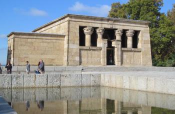 The main façade of the Temple of Debod in Madrid.