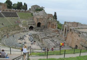 View of the skene, orchestra and cavea in the Greek Theater in Taormina, Sicily. Photos by Julie Skurdenis