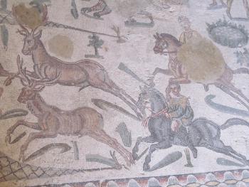 Detail from a mosaic in the Room of the Small Hunt — Villa Romana del Casale, Sicily.