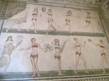 Mosaic in the Room of the Ten Girls (aka Room of the Bikini Girls) — Villa Romana del Casale, Sicily. 
