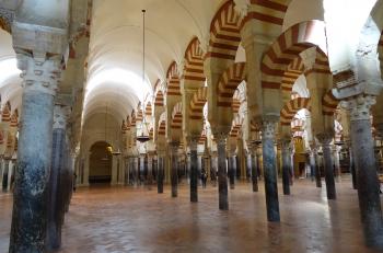 The red-and-white columns inside the Mezquita in Córdoba.