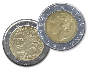 Don't confuse the 2 euro coin (left, value $3) with the old 500-lira coin (right, value $0).