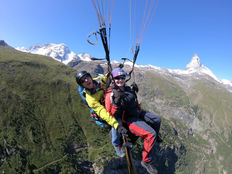 Susan paragliding in front of the Matterhorn.