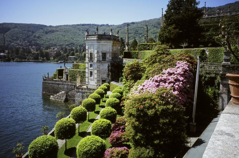 The formal gardens of Borromeo Palace overlook the lakeshore near Stresa.