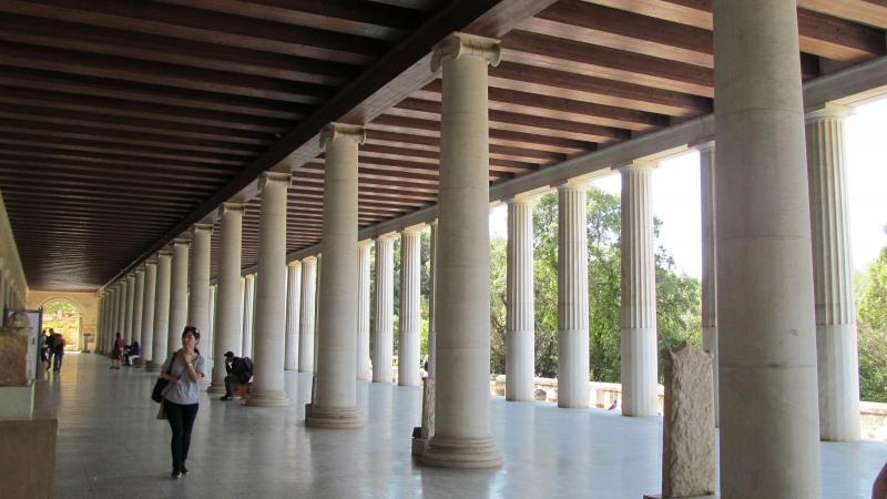 Inside the portico of the Stoa of Attalos in the Greek agora in Athens.
